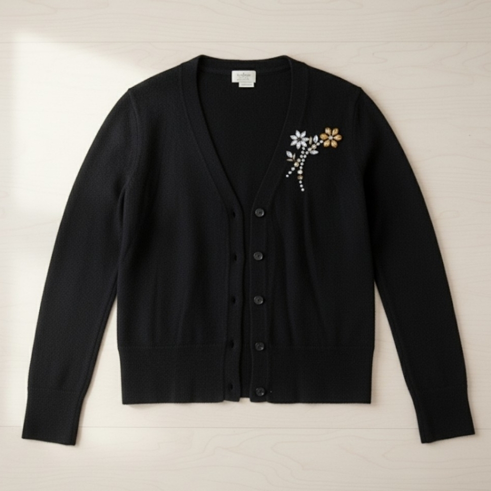 Kate Spade Black Embellished Broch Button Down Cardigan On Pointe Size S